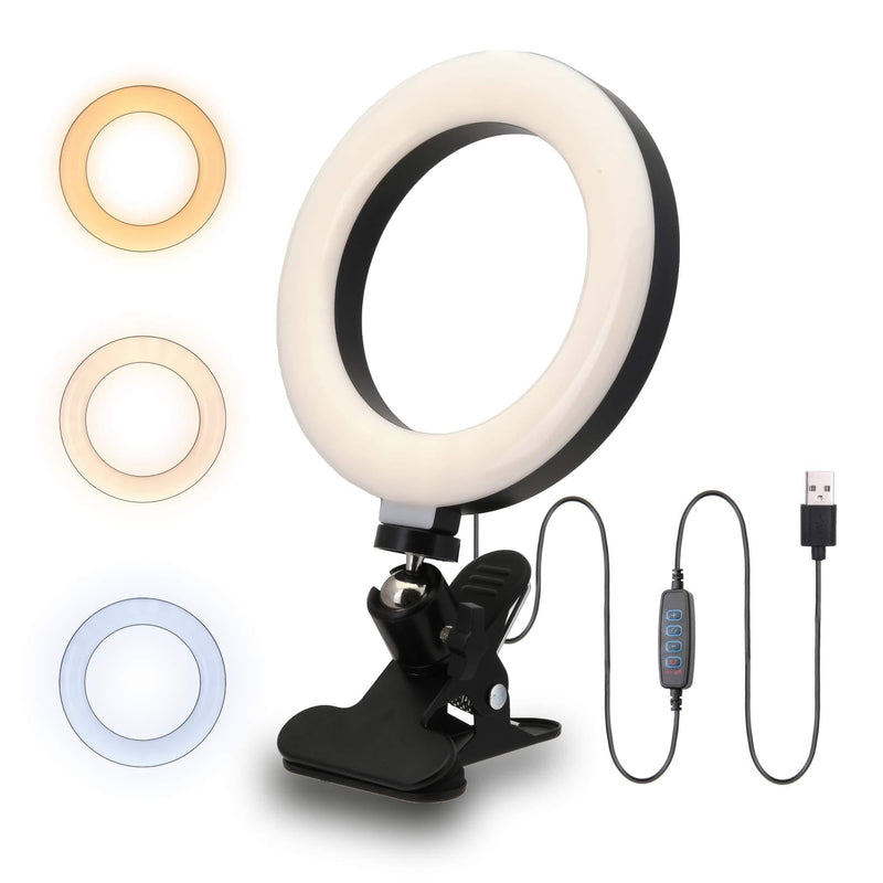 Travigo 6.3" Desk LED USB Ring Light & Clamp for Webcam Meetings, Remote Working, Makeup, Selfie Photography, Self Broadcasting and Live Streaming, 3 Light Modes & 10 Brightness Levels