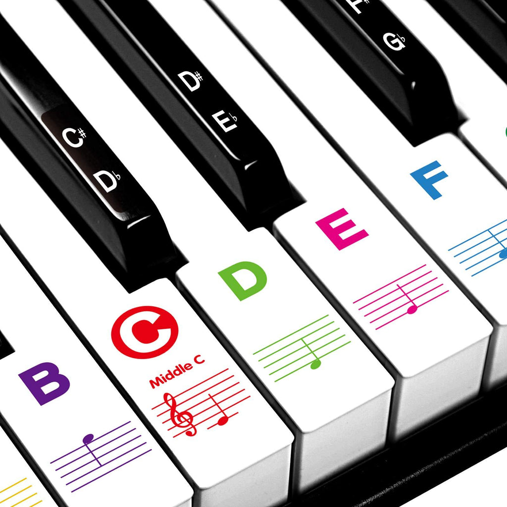 Piano Stickers for Beginners 88/76/61/54/49/37 Keys - Transparent, Removable, Big Letters Piano Keyboard Stickers - Perfect for Kids, Easy to Install with Cleaning Cloth 88 Keys Large Bolded Letter Multi-Colored