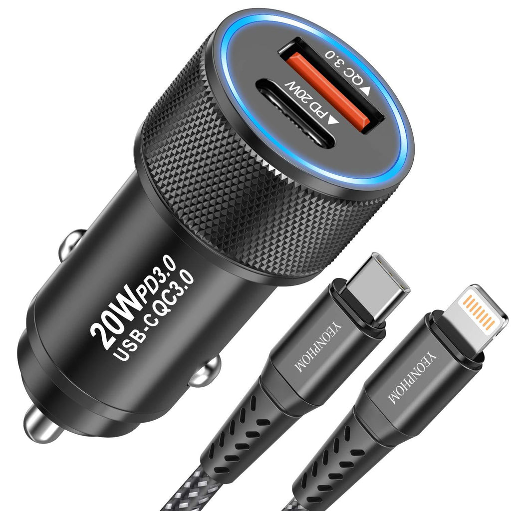 YEONPHOM 20W USB C Fast Car Charger Compatible for iPhone 12 Pro Max/Mini/11 Pro Max/XR/XS Max/X/8/SE,Dual Port PD&QC3.0 Rapid Charging Type C Car Adapter with MFi Certified USB C to Lightning Cable