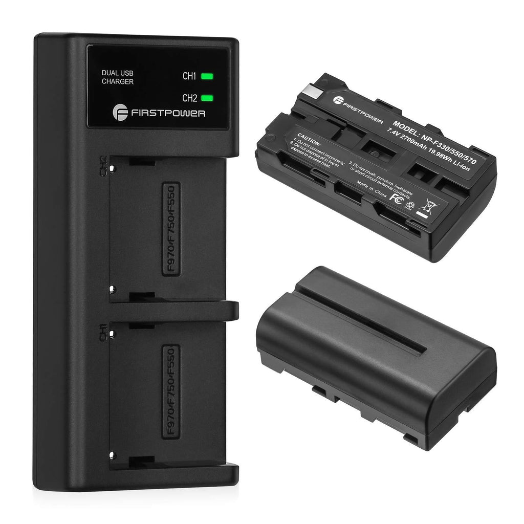 FirstPower 2-Pack NP-F550 Batteries 2700mAh with Dual USB Charger for Sony NP-F970, F750, F770, F960, F530, F330, F570, CCD-SC55, TR516, TR716, TR818, TR910, TR917 and More