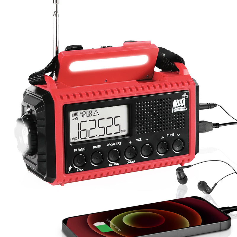 Emergency Radio, 5000 NOAA Weather Radio Solar Hand Crank Powered, AM/FM/Shortware Portable Auto Alert Raido with Phone Charger, Flashlight, Reading Lamp,SOS&Headphone Jack for Outdoor Survival Kit Red