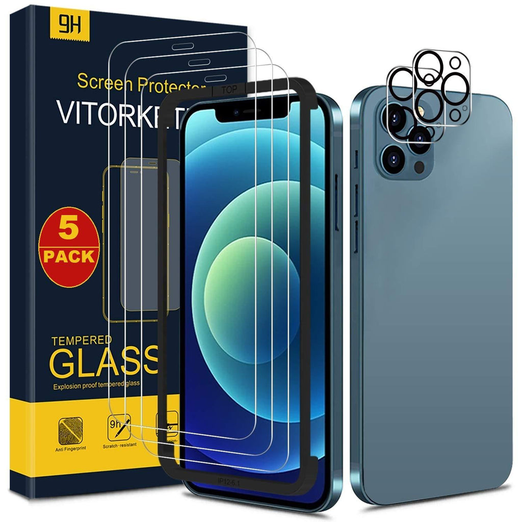 Screen Protector for iPhone 12 Pro Tempered Glass Front Screen Film 3 Pack and 2 Pack Back Camera Lens Protection, Scratch Resistant 9H Hardness,2.5D Edge by VITORKETIC