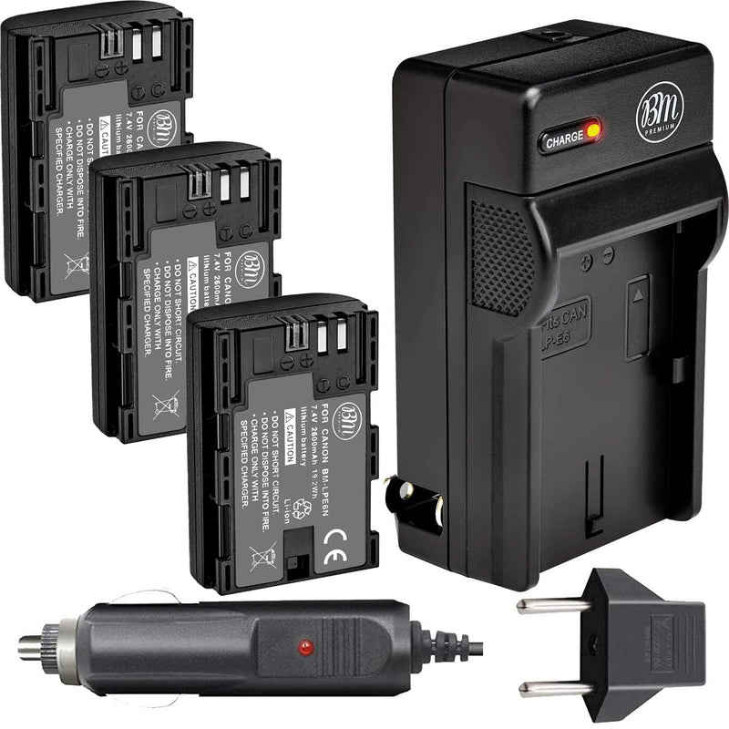BM Premium 3 Pack of LP-E6N High Capacity Batteries and Charger for Canon EOS R, EOS 60D, EOS 70D, EOS 80D, EOS 90D, EOS 5D III, EOS 5D IV, EOS 5Ds, EOS 6D II, EOS 7D Mark II, XC10 XC15 Cameras