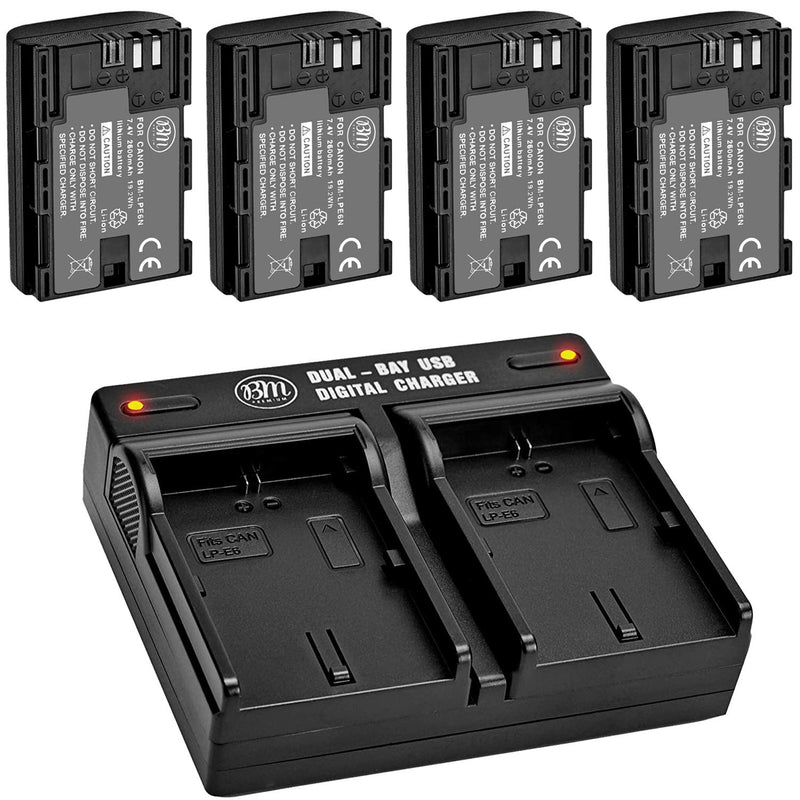 BM Premium 4 Pack of LP-E6N High Capacity Batteries and Dual Bay Charger for Canon EOS R, EOS 60D, EOS 70D, EOS 80D, EOS 90D, EOS 5D III, EOS 5D IV, EOS 5Ds, EOS 6D II, EOS 7D Mark II, XC15 Cameras