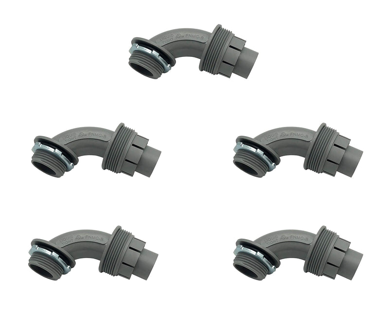 1/2 Inch 90 Degree Nonmetallic Liquid Tight Electrical Conduit Conector Fitting, 5 Pack, UL Listed