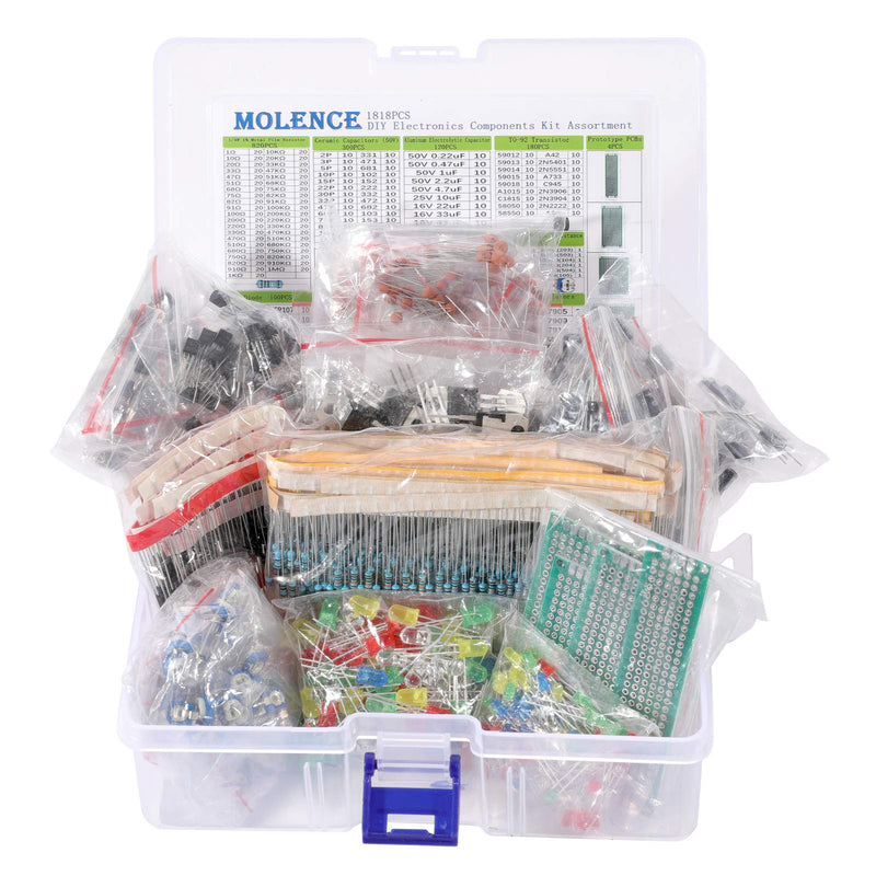 Molence DIY Electronics Components Kit Assortment, Resistors 1818PCS, LED, Triode, Capacitors, Diodes, PCB, Potentiometer, Variable Resistance, Stabilivolt for Arduino UNO MEGA2560 Raspberry Pi MCU