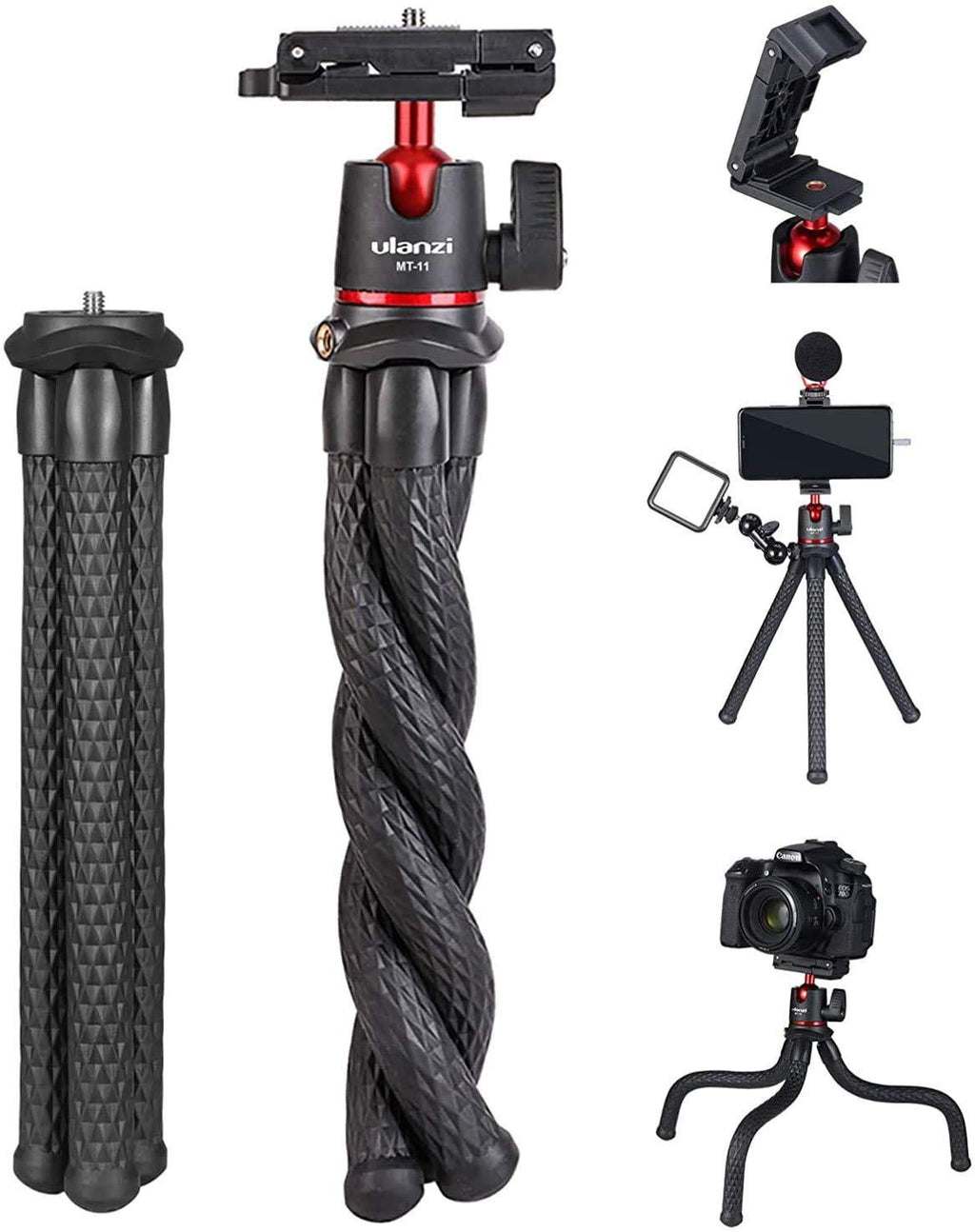Phone Tripod, Mini Flexible Tripod Stand with Bluetooth, GoPro Adapter & Hidden Clip with Cold Shoe Mount, Compatible with iPhone/Android/Camera for Live Streaming Vlog Video
