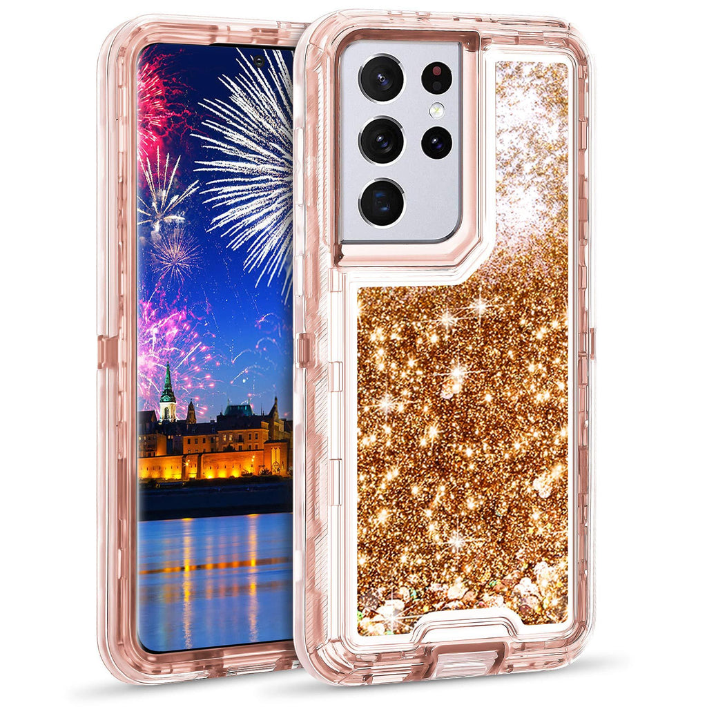 Wollony Case for Galaxy S21 Ultra 5G Glitter Case Shinny Liquid Quicksand 3 in 1 Heavy Duty Shockproof Protective Hard Bumper Soft Clear Rubber Cover for Samsung Galaxy S21 Ultra 6.8inch Rose Gold