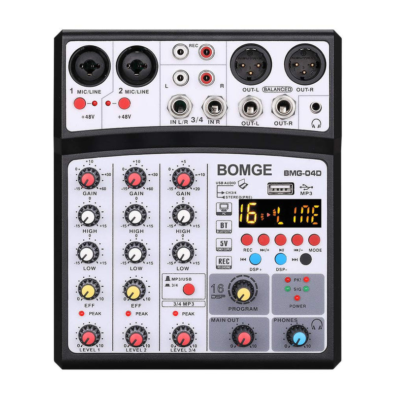 BOMGE 04D portable bluetooth 4 Channel DJ audio sound mixer mixing console with usb interface , 48V Phantom Power input, 16 Echo effects for recording, live streaming, singing (Black) black