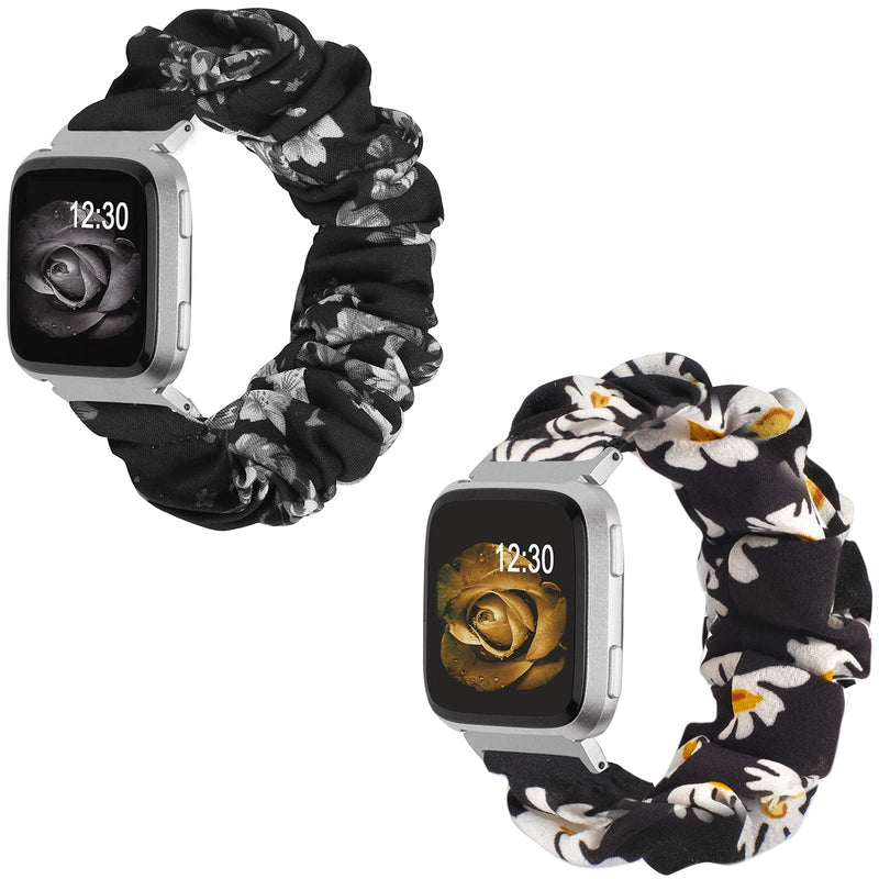 TOYOUTHS 2-Pack Compatible with Fitbit Versa/Versa 2 Bands Scrunchie Elastic Versa Lite Special Edition Wristband Cloth Fabric Fashion Bracelet Women Men Large Size (Gary/White Floral)
