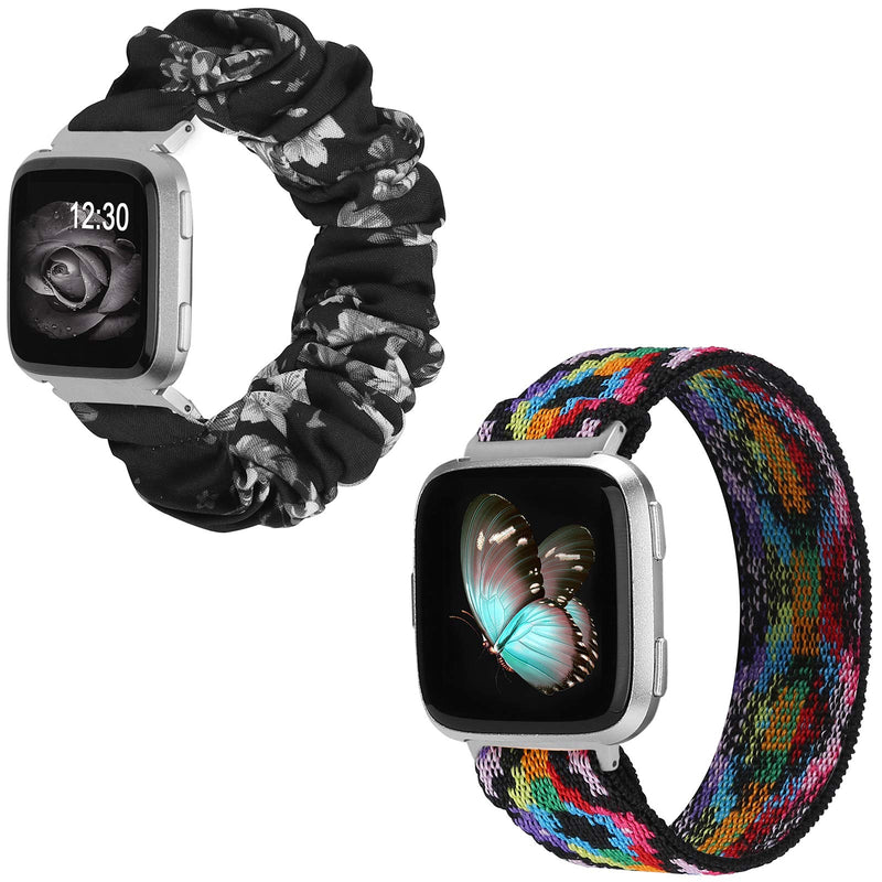 TOYOUTHS 2-Pack Compatible with Fitbit Versa/Versa 2 Bands Scrunchie Elastic Versa Lite Special Edition Wristband Cloth Fabric Fashion Bracelet Women Large Size (Black Gary Floral+Boho Colorful)