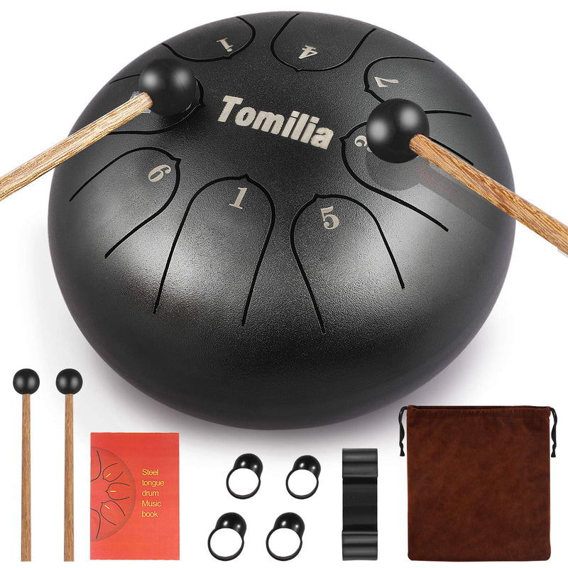 Steel Tongue Drum, Upgraded Panda Drum 8 Notes 6 Inch, Professional Steel Drum C-Key, Percussion instruments for Kids and Adults Beginner with Bag, Music Book, Mallets, Finger Picks(Black)