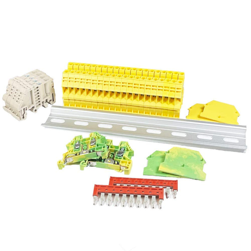 ICI Dinkle DIN Rail Terminal Block Kit #2 Yellow 20 DK4N-YW 10 AWG Gauge 30A 600V Ground DK4N-PE Jumper DSS4N-10P End Covers End Brackets