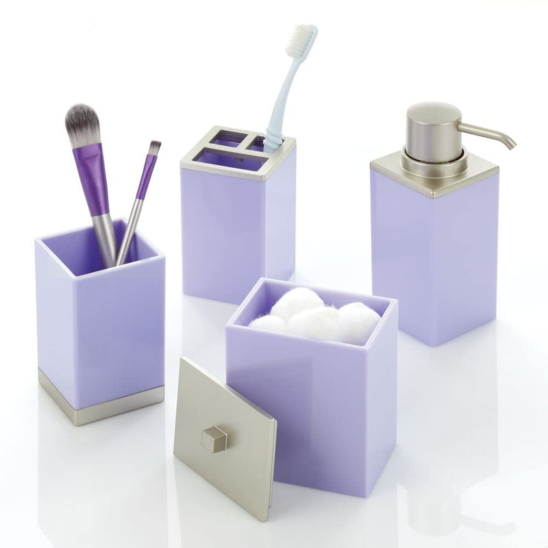 mDesign Plastic Bathroom Storage Jars, Vanity Decor Accessory, Countertop Organizers; Soap Dispenser, Toothbrush Holder, Toothpaste Caddy, Rinsing Cup; Lumiere Collection - Set of 4 - Lt Purple/Satin Light Purple/Satin