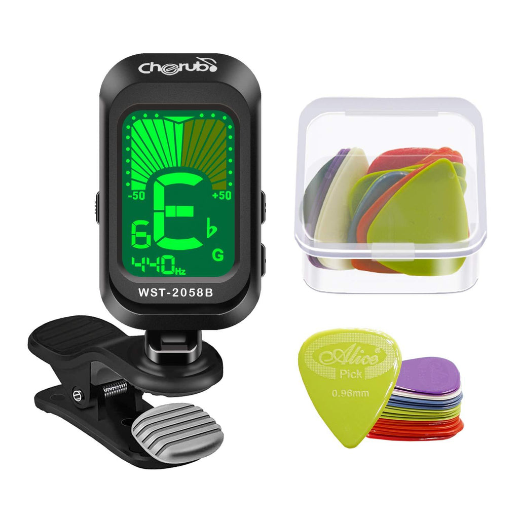 Cherub Guitar Tuner with 18 Pcs Picks, Clip-On Tuner for Guitar, Bass, Ukulele, Violin, Viola, Chromatic Tuning Modes, Fast & Accurate, Easy to Use