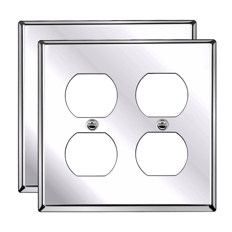 [2 Pack] BESTTEN 2 Gang Mirror Polished Stainless Steel Duplex Wall Plate, Solid Metal Receptacle Outlet Cover, Chrome Appearance