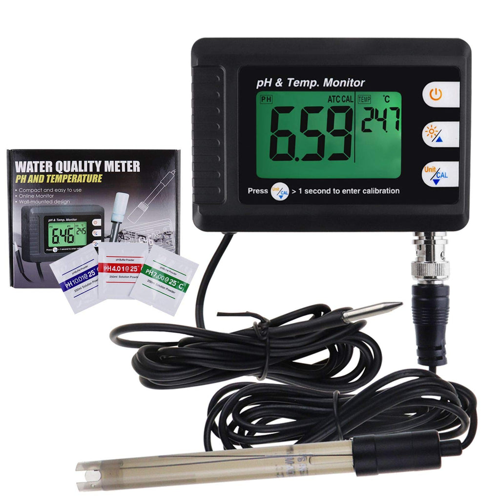 2 in 1 Temperature pH Monitor Meter Tester Sensor Test Kit 0~14 pH Automatic Calibration BNC Electrode Probe for Hydroponics Aquarium Lab Testing Food Drinking Water pH of Saltwater/seawater ph & Temp. Monitor