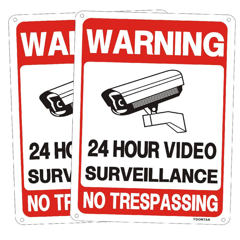 2Pack 24 Hour Video Surveillance Sign No Trespassing Waring Sign Reflective Aluminum metal CCTV Security Camera Sign for Outdoor UV Protected