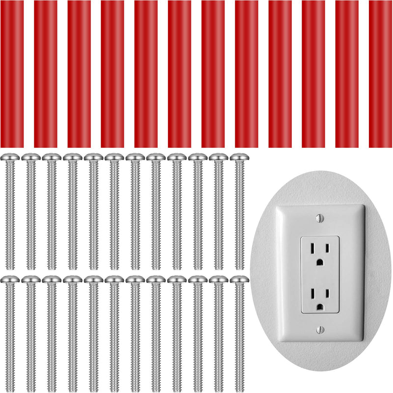 24 Pieces Electrical Outlet Extender Kit Include 12 Pieces Switch and Receptacle Screw Round Straight Tube and 12 Pieces Longer Screws for Fix Wonky and Sunken Outlets (Red)