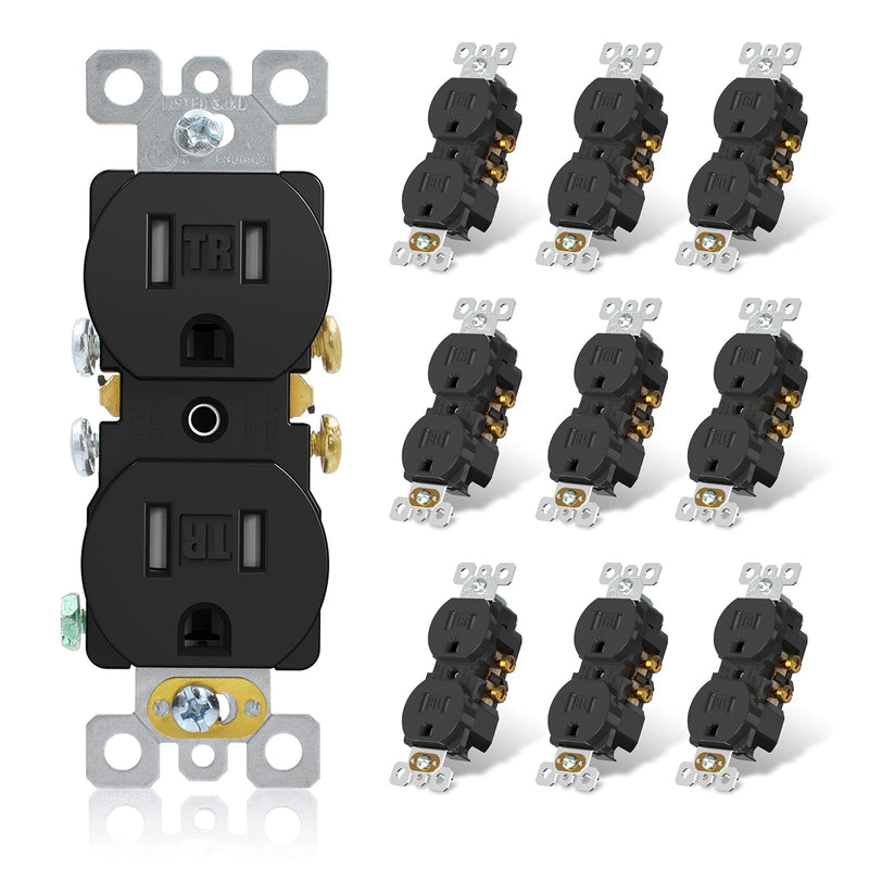 ELEGRP Tamper-Resistant Duplex Receptacle, 15A 125V Standard Electrical Duplex Wall Outlet, 2 Pole 3 Wire, 5-15R, Self-Grounding, Residential Grade Straight Blade, UL (Glossy Black, 10 Pack) TR Outlet