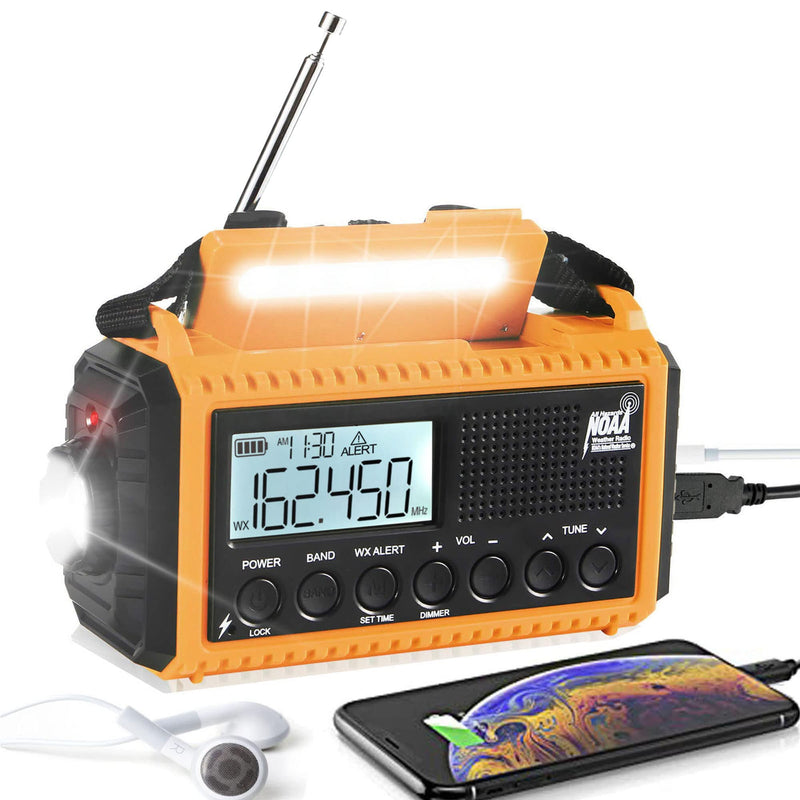 Auto NOAA Emergency Weather Radio, Solar Hand Crank Radio,Portable Battery Operated Emergency Radio with AM FM Shortwave,USB Charger,LED Flashlight,Clock, SOS Alert for Home Outdoors Camping Survival Yellow Black with LCD Display