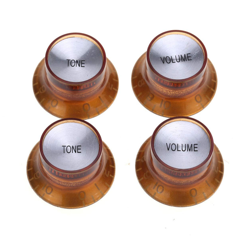 Musiclily Pro Inch Size Guitar Reflector Knobs Top Hat Bell 2 Volume 2 Tone Knobs Set Compatible with USA Made Les Paul SG Style, Amber with Silver Top