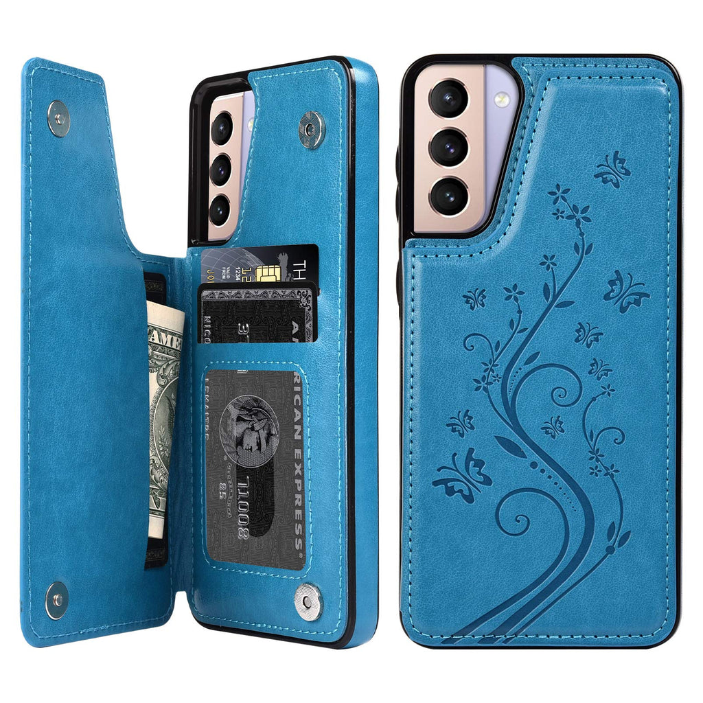 Wallet Case Compatible with Samsung Galaxy S21 5G, Case with Card Holder Embossed Butterfly Premium PU Leather Double Magnetic Buttons Flip Shockproof Kickstand Protective Cover 6.2 inch, Blue