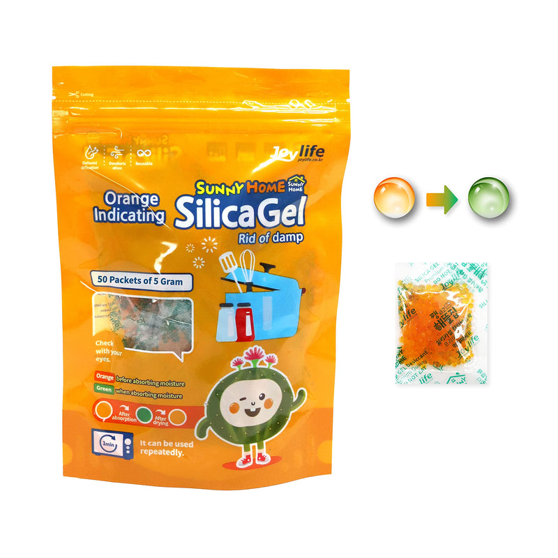 Sunny Home 5 Gram (50 Packs) Safe Orange Indicating (Orange to Dark Green) - Orange Only/No Mixed/Rechargeable Silica Gel Packets Dehumidifier/Desiccant Packets/Moisture Absorber 50 Pack