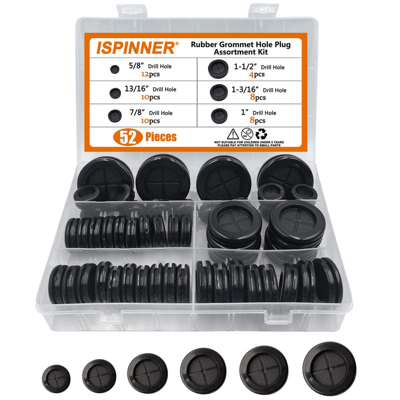 [AUSTRALIA] - ISPINNER 52pcs 6 Sizes Rubber Grommet, Double Sided Round Rubber Hole Plug, Drill Hole 5/8" 13/16" 7/8" 1" 1-3/16" 1-1/2" (Black) Black 