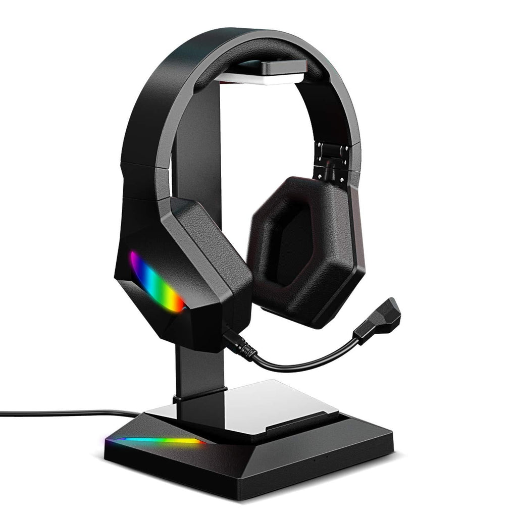 APPHOME RGB Headphone Stand with USB Hub Desk Gaming Headset Holder Hanger Rack with 2.0 USB and Type C Charging Port Extender Cord - Suitable for Gamer Desktop Table Gamer Accessories