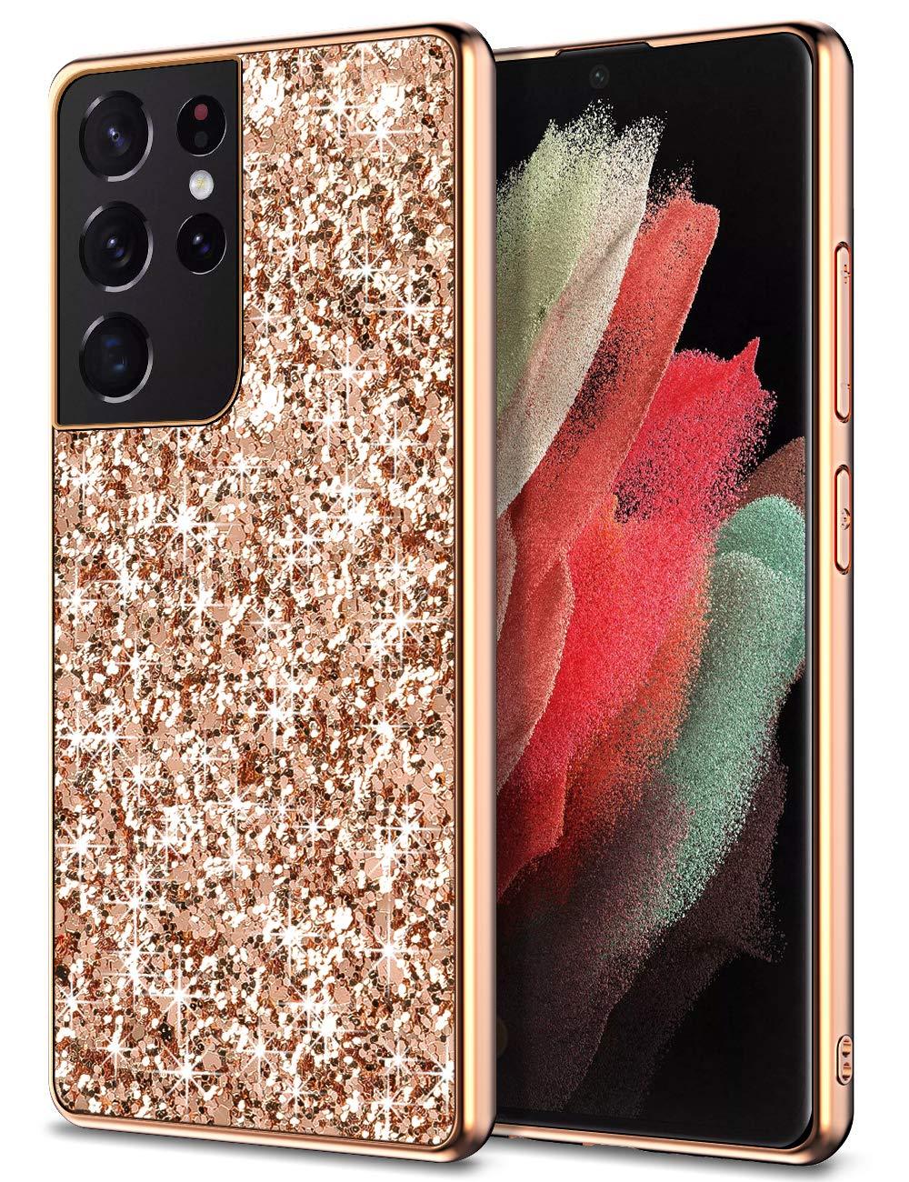 Wollony Case for Galaxy S21 Ultra Glitter Sparkle Cute Case Bling Shiny Luxury Cover for Girls Slim TPU Shockproof Anti-Slip Back Protective Cover for Samsung Galaxy S21 Ultra 6.8 inch 5G Rose Gold