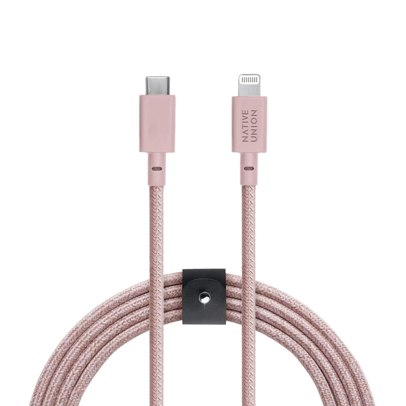 Native Union Belt Cable XL - 10ft Ultra-Strong Reinforced Durable USB-C to Lightning [MFi Certified] Charging Cable with Leather Strap Compatible with iPhone/iPad (Rose) Rose