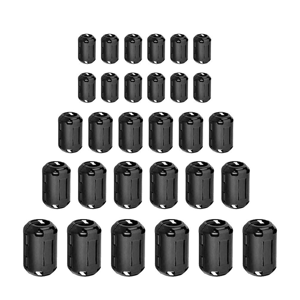 30 Pieces Clip-on Ferrite Ring Core RFI EMI Noise Suppressor Cable Clip for 3.5mm/ 5mm/ 7mm/ 9mm/ 13mm Diameter Cable