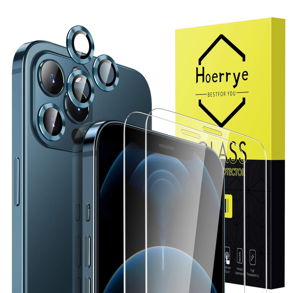 (5 Pack) Hoerrye 2 Pack Screen Protector for iPhone 12 Pro Max(6.7") with 3 Pack Camera Lens Protector[Tempered Glass Film][Bubble Free][Case Friendly][Anti-Fingerprint][Anti-Scratch]-Pacific Blue Pacific Blu