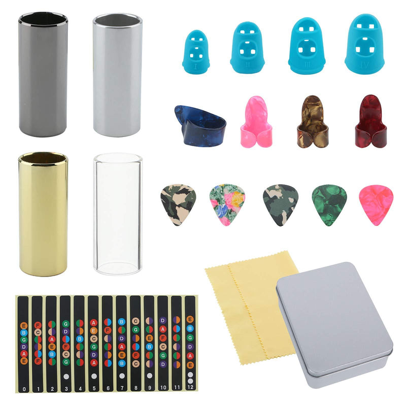 Dreokee Medium Guitar Slides, 1 Brass Guitar Slide 2 Steel Slides 1Glass Slide 5 Pieces Guitar Picks 4 Finger Thumb Picks 4 Finger Pick Protectors with Cleaning Cloth 1 Scale Stickers Metal Box