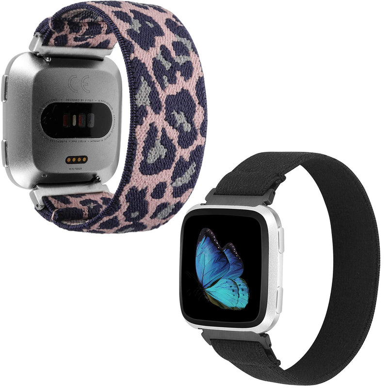 TOYOUTHS 2-Pack Compatible with Fitbit Versa/Versa 2 Bands Elastic Scrunchie Versa Lite Special Edition Wristband Cloth Fabric Fashion Bracelet Women Small Size (Blue Pink Leopard+Pure Black)