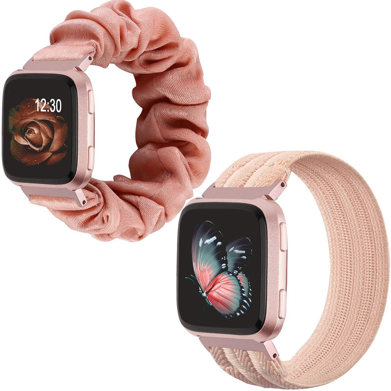 TOYOUTHS 2-Pack Compatible with Fitbit Versa/Versa 2 Bands Scrunchie Elastic Versa Lite Special Edition Wristband Cloth Fabric Fashion Bracelet Women Large Size (Rose Pink)