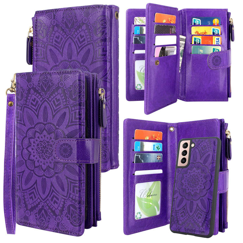 [AUSTRALIA] - Harryshell Detachable Magnetic Zipper Wallet Leather Case Cash Pocket with 12 Card Slots Holder Wrist Strap for Samsung Galaxy S21+ S21 Plus 5G 6.7 Inch (2021) G996U Floral Flower (Purple) Purple 