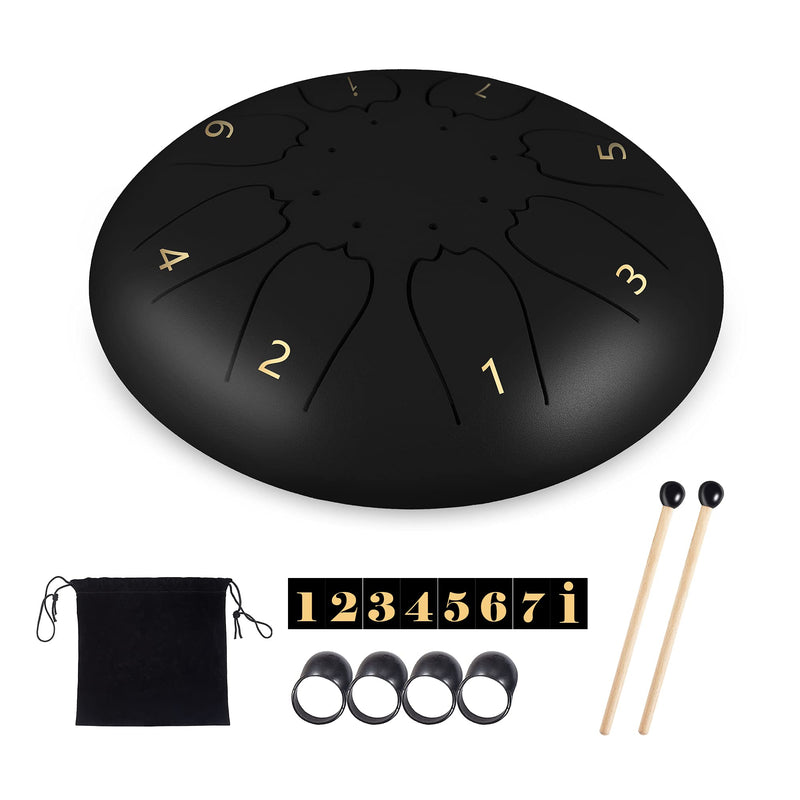 Steel Tongue Drum 8 Notes 6 Inches Drum Set Meditation Entertainment Musical Handpan Drum Percussion Instrument with Travel Bag, Music Book, Mallets Healing Drum Gifts for Kids Adult (Black) Black