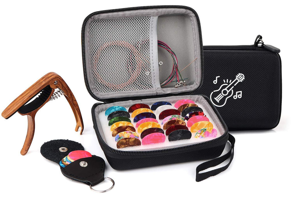 PlasMaller Guitar Pick Holder Case Bag Set, included Upgrade Capo + Guitar Strings + 30pcs Acoustic Electric Guitar Colorful Picks + Little Picks Holder (Black) Black