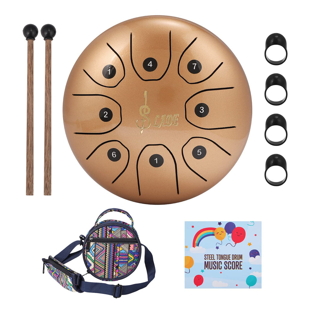 Steel Tongue Drum 8 Notes 5.5 Inches Chakra Tank Drum Handpan Percussion Instrument with Padded Travel Bag, Mallets, 4 Finger Picks Prefect for Musical, Education, Decompression, Leisure(Golden) Golden