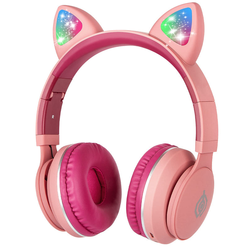Kids Bluetooth Headphones, ONXE Cat Ear LED Light Up Wireless Foldable Headphones Over Ear with Microphone and Volume Control for iPhone/iPad/Smartphones/Laptop/PC/TV (Pink)