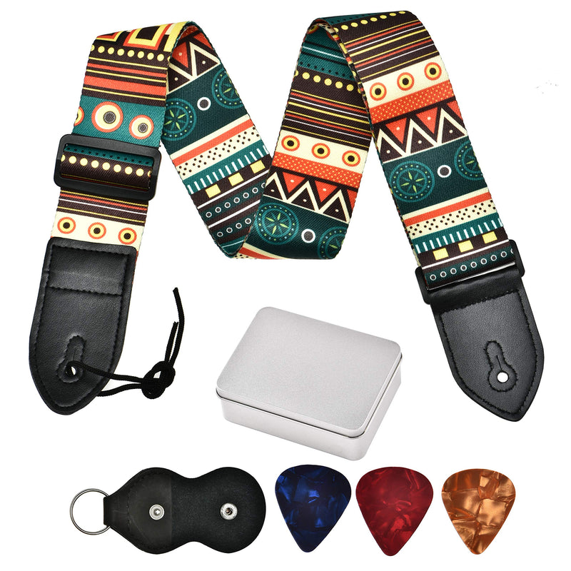 Plsucmoo Guitar Strap for Acoustic Electric Guitars Bass Guitars Adjustable Classical Guitar Strap leather&Polyester free-3 Guitar Picks +1Keychain+1 Metal storage box (C) C