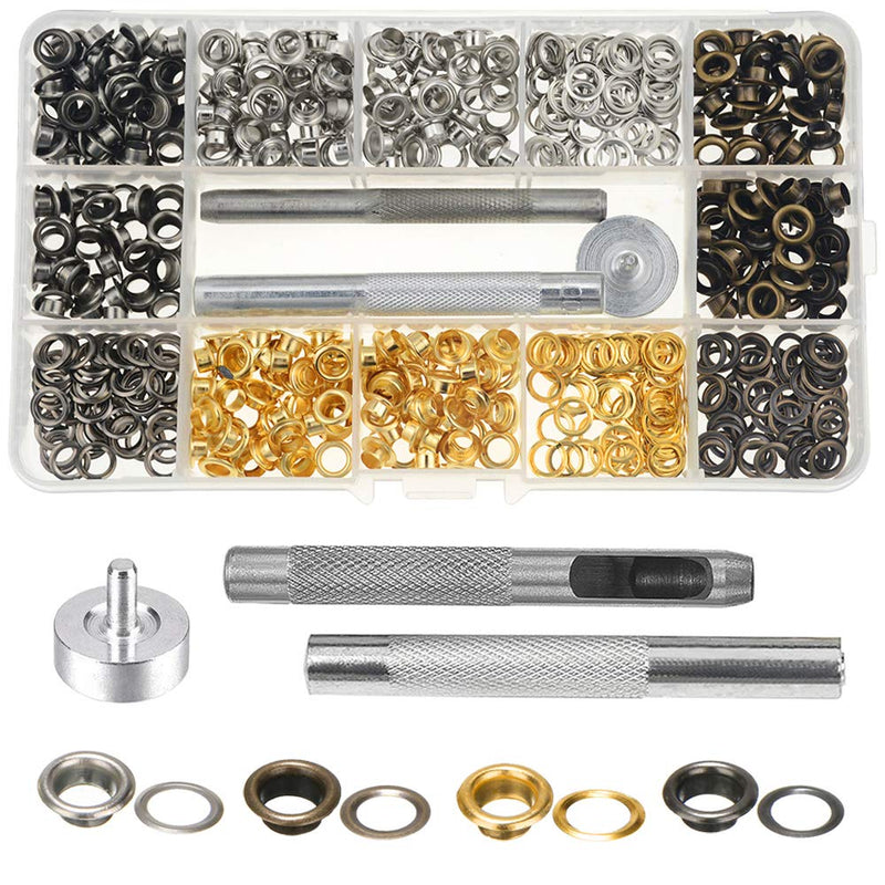 Mesee 400 Sets Eyelets and Grommets, 5mm Inside Diameter Grommet Kit for Leather Fabric Canvas Belt Craft DIY Projects, 4 Colors Silver, Bronze, Black and Gold