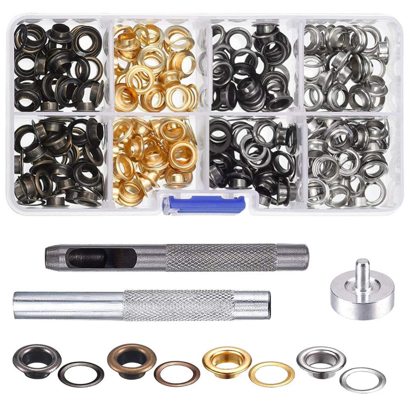 Mesee 1/4 Inch(6mm) Leather Grommet Kit, 200 Set Metal Eyelets Kit with 3 Grommet Setting Tool Eyelets and Grommets for Canvas Belt Bag Shoe Clothes Crafts DIY - 4 Colors