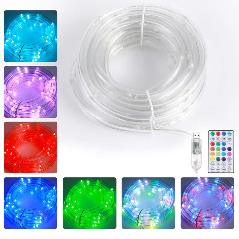 LED Waterproof Rope Lights,100 LED, USB Powered with Remote Control, 32 Modes 16 Colors, Indoor Outdoor Decorative Fairy Twinkle String Lights, for Gardens, Home, Party, Christmas 100LED