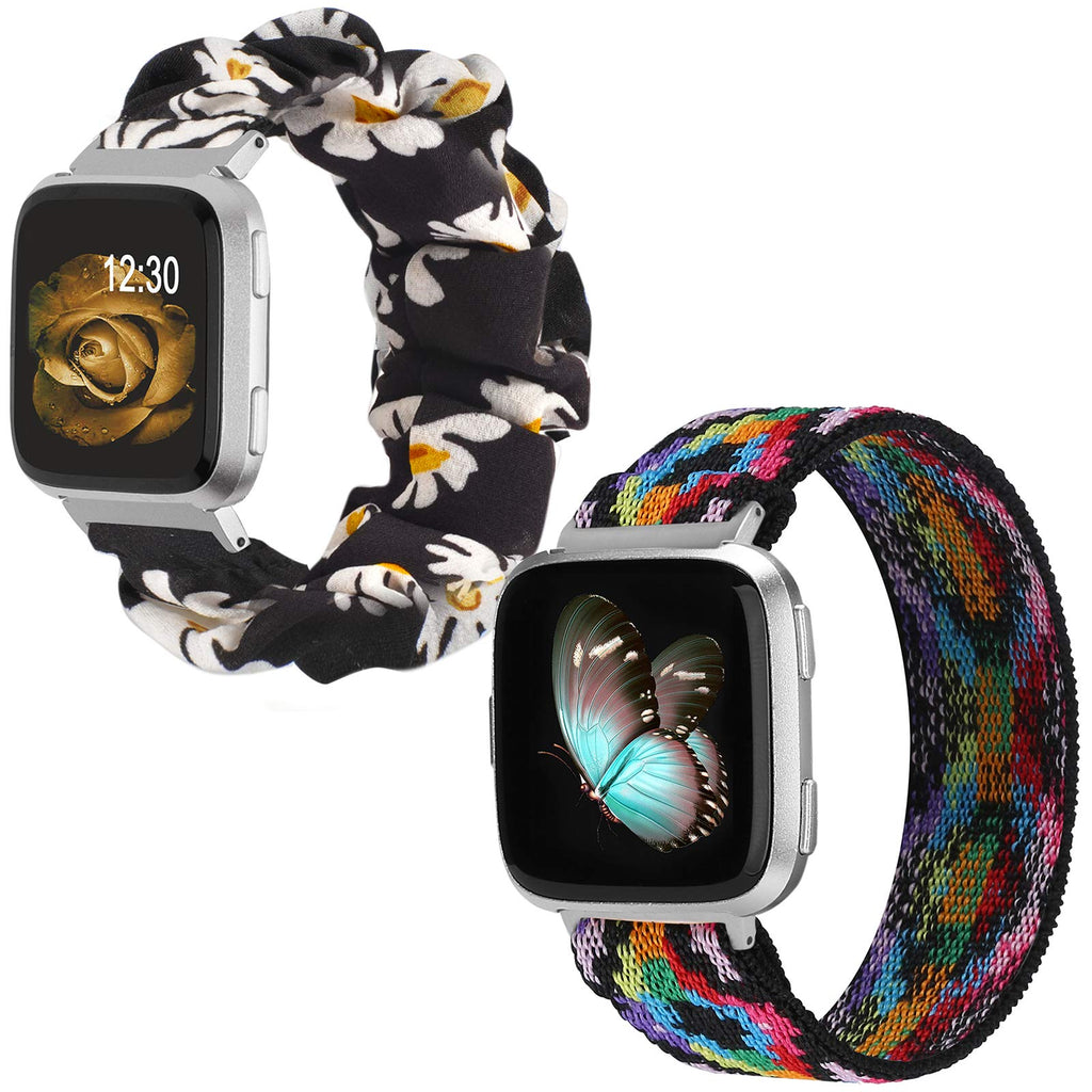 TOYOUTHS 2-Pack Compatible with Fitbit Versa/Versa 2 Bands Elastic Scrunchie Versa Lite Special Edition Wristband Cloth Fabric Fashion Bracelet Women Small Size (Black White Floral+Boho Colorful)