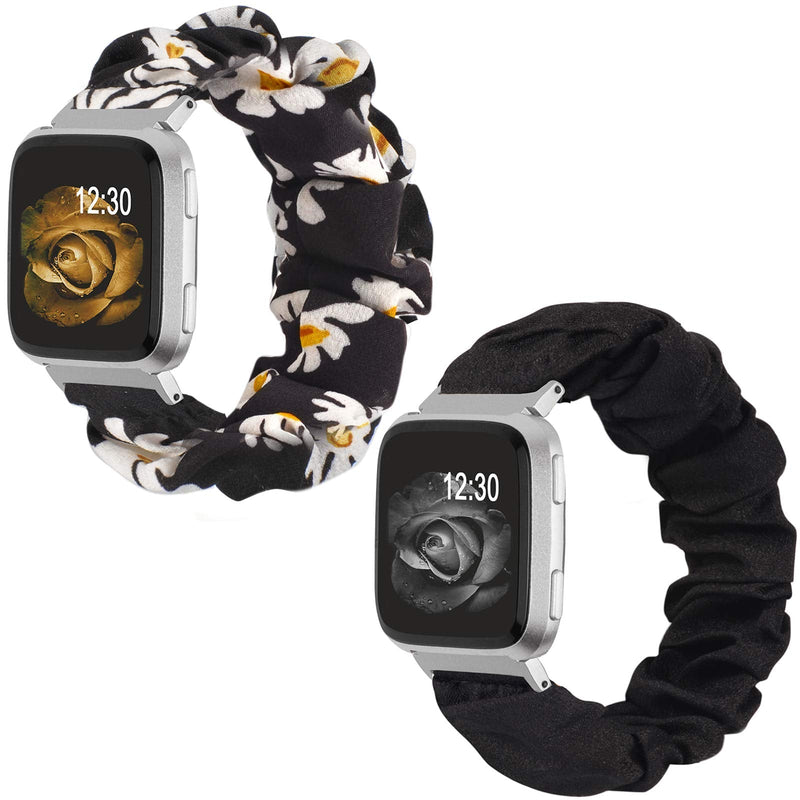 TOYOUTHS 2-Pack Compatible with Fitbit Versa/Versa 2 Bands Elastic Scrunchie Versa Lite Special Edition Wristband Cloth Fabric Fashion Bracelet Women Large Size (White Floral+Black)