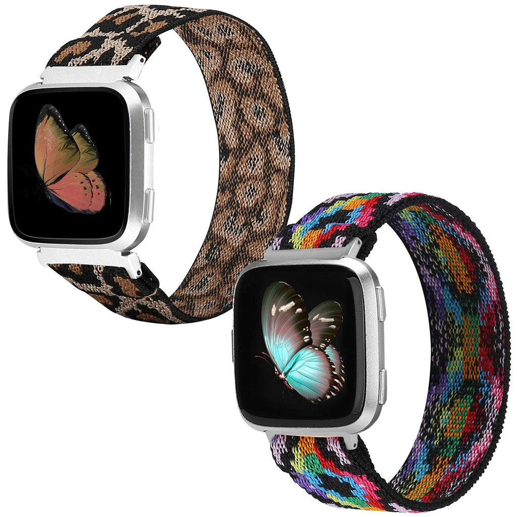 TOYOUTHS 2-Pack Compatible with Fitbit Versa/Versa 2 Bands Elastic Scrunchie Versa Lite Special Edition Wristband Cloth Fabric Fashion Bracelet Women Small Size (Light Leopard+Boho Colorful)