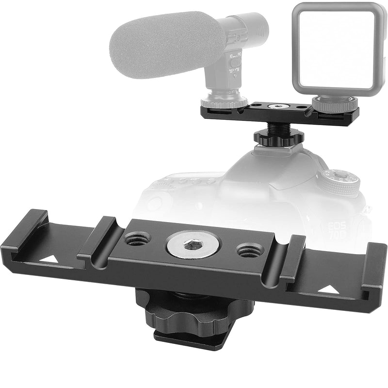 Dual Cold Shoe Mount Bracket,Chromlives Dual Hot Shoe Extension Bar,Cold Shoe Mount Plate Adapter,Aluminum Dual Shoe Extension Bracket with Cable Slot Bayonet for Microphone,Led Video Light,Monitors Dual Cold Shoe
